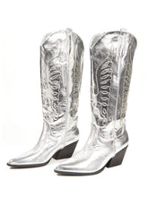 Metallic Eagle Applique Embroidered Pointed-toe Chunky Heels Slip-on Mid Calf Cowgirl Boots